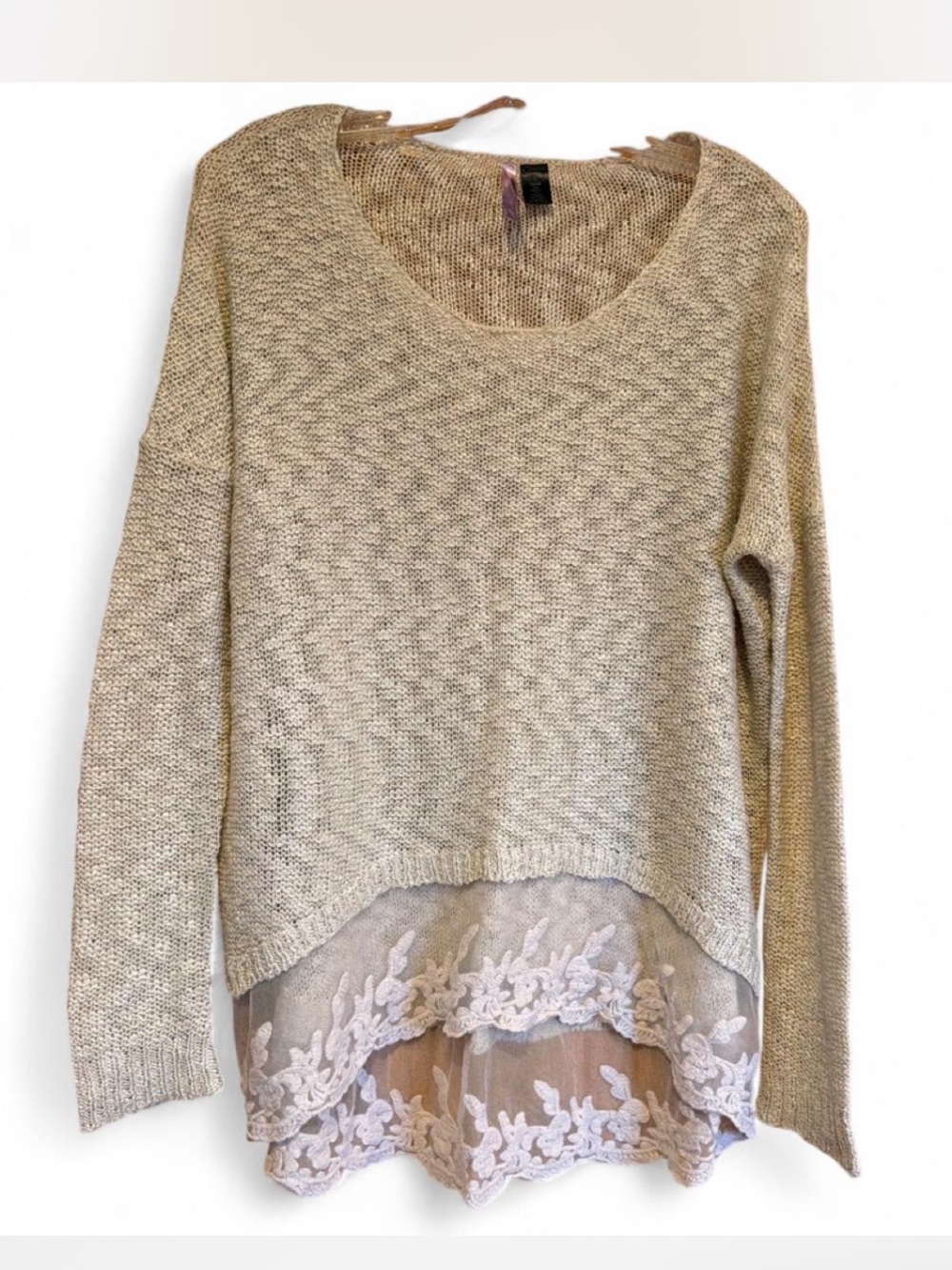 Love By Design Beige Knit Sweater with Lace Hem